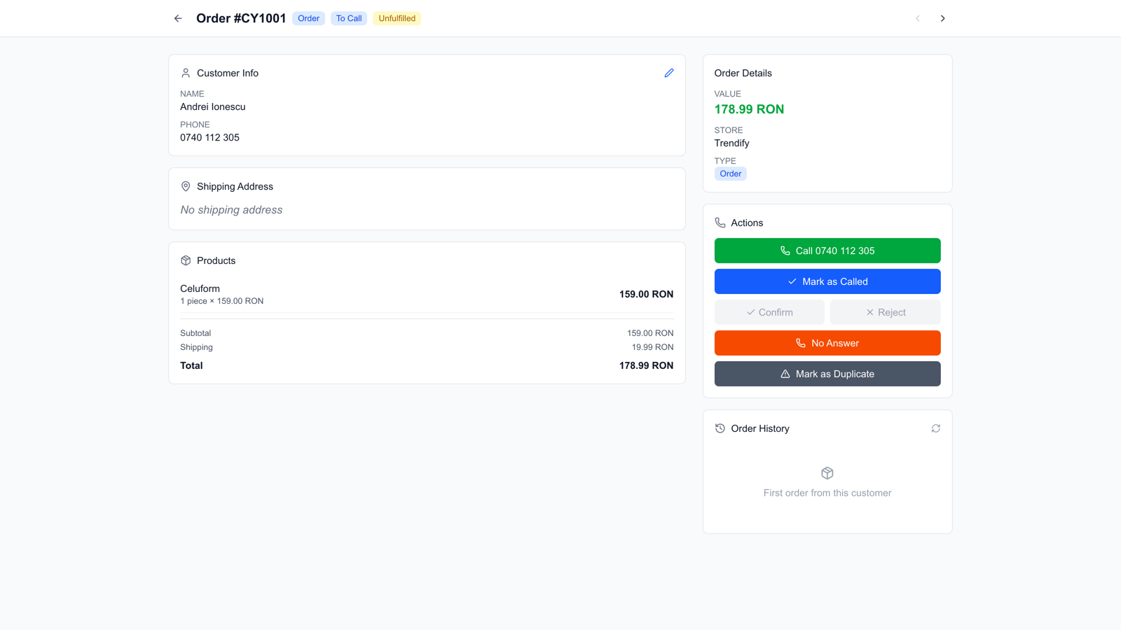 The call panel: customer, products, and the five actions a caller has.