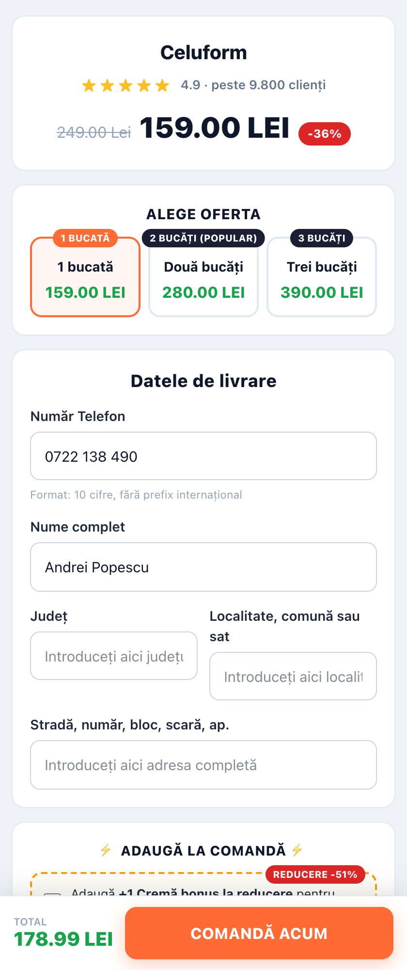 Sticky CTA: total and order button fixed at the bottom.