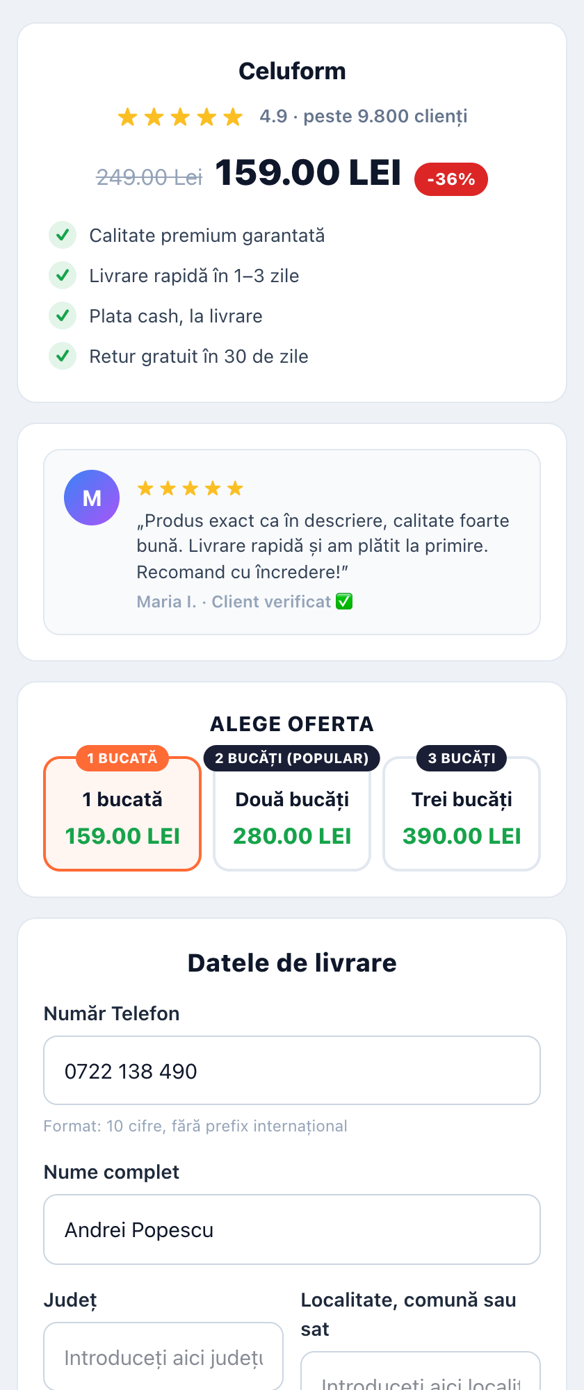 Trust: rating, benefits and a review above the offer.