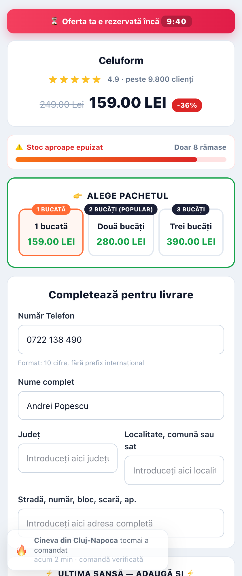 Urgency Pro: reservation timer, stock bar, live order notices.